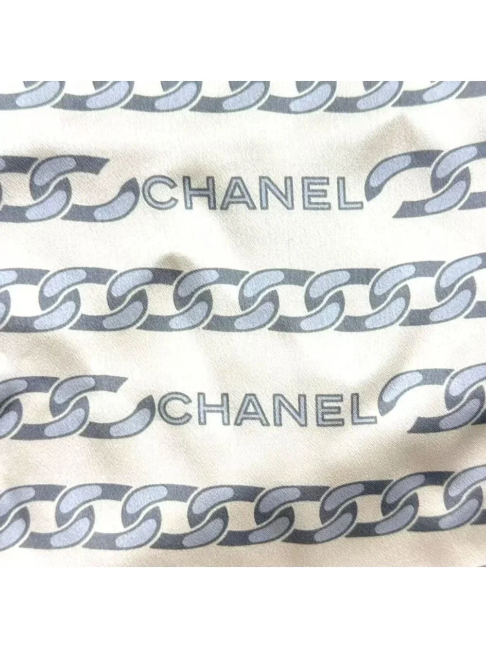 Chanel Vintage Shawl Silk Scarf Logo Chain Pattern Beige